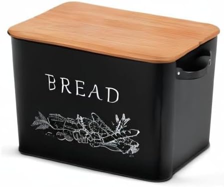 P&P CHEF Bread Box for Kitchen Counter, Metal Bread Storage Bin with Wooden Cutting Lid, Large Capacity for Holding 2+ Loaves, Retro Modern Style, Size 13” x 7.2” x 9.7”, Black