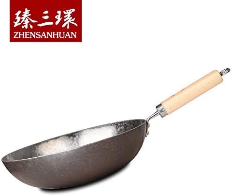 臻三环 ZhenSanHuan Chinese Hand Hammered Iron Pow Woks and Stir Fry Pans Wooden Handle Round Bottom (30CM, Silver-Not Seasoned)