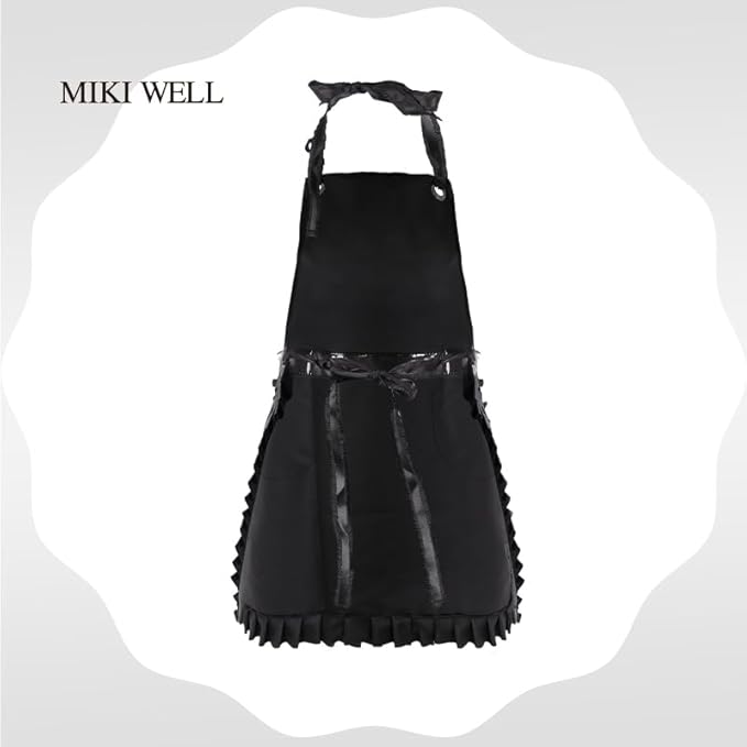 Glossy Cute Ruffled Apron, Lace-Up Model with Two Pockets, Vinyl Apron for Artists and Barbers, Waterproof