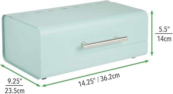 mDesign Metal Bread Box Bin with Hinged Lid - for Kitchen Countertop, Island and Pantry - Large Capacity Storage, Vintage-Inspired Design - Multi-Purpose Storage Container for Home - Mint Green