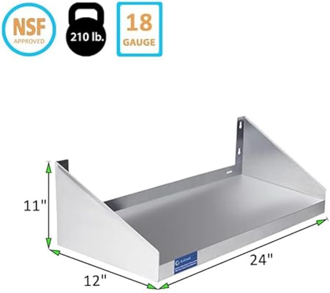 Premium Quality Stainless Steel Wall Shelf with Side Guards | Commercial Metal Shelving | | NSF Certified | (24" Long x 12" Deep)