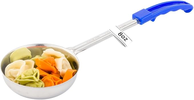 Restaurantware Met Lux 8 Ounce Portion Ladle 1 Perforated Portion Serving Spoon - Blue Handle Dishwashable Stainless Steel Slotted Serving Utensil Multipurpose For Serving Pasta