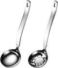 Small Soup Ladle Metal SUS304 Stainless Steel Ladles Spoon And Slotted Colander Spoon Set Soup Ladle With Holes Strainer Scoop Ladles For Serving Gravy Hot Pot Or Restaurant,2 Piece Set