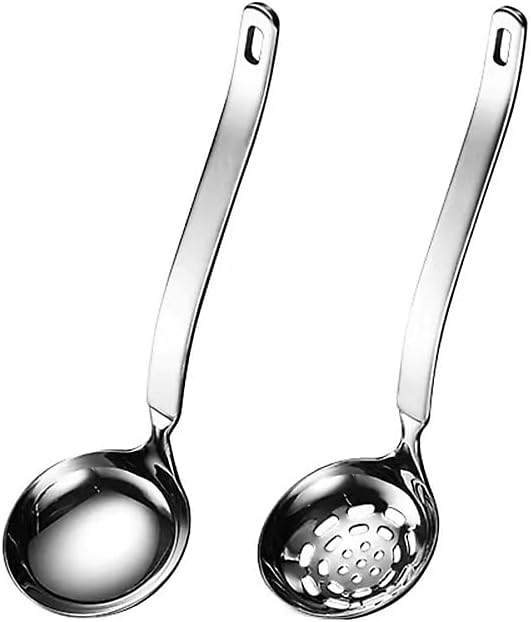 Small Soup Ladle Metal SUS304 Stainless Steel Ladles Spoon And Slotted Colander Spoon Set Soup Ladle With Holes Strainer Scoop Ladles For Serving Gravy Hot Pot Or Restaurant,2 Piece Set