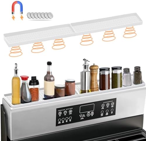 BFONS 30 Inch Silicone Magnetic Stove Top Shelf, Kitchen Over Stove Spice Rack Shelf Apartment Home Must Haves Kitchen Gadgets for Above Stovetop Seasoning Organization Storage (White)