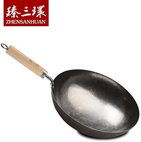 臻三环 ZhenSanHuan Chinese Hand Hammered Iron Pow Woks and Stir Fry Pans Wooden Handle Round Bottom (30CM, Silver-Not Seasoned)