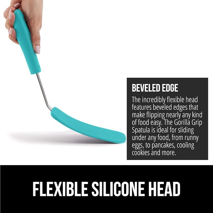 GORILLA GRIP Food Grade Flexible Silicone Spatula, 2 PK, Heat Resistant Head for Nonstick Frying Pan, Patented Soft Rubber Handle for Comfort, Non-Scratch Kitchen Turner, Flip Eggs, 11.6 in, Turquoise
