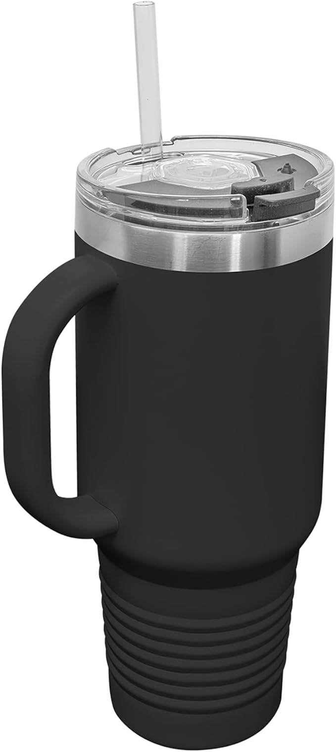 LaserGram 40oz Vacuum Insulated Travel Mug with Handle, Tiki Statue, Personalized Engraving Included (Black)