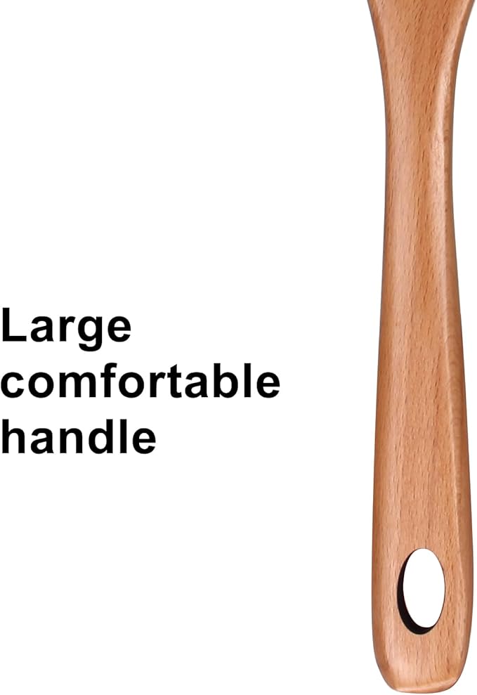 Large Wooden Cooking Spoon Mixing Serving Spoon Best Oak Wood Spoons for Cooking Spatula Non Toxic Kitchen Utensil 12.5 Inch Long Handle Spoon Big Stirring Corner Spoons