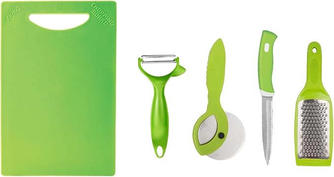 Anjali 5-Piece Kitchen Tool Set – Chopping Board, Cheese Grater, Peeler, 9" Utility Knife & Pizza Cutter | Essential Cooking Tools for Slicing, Peeling, Grating & Cutting