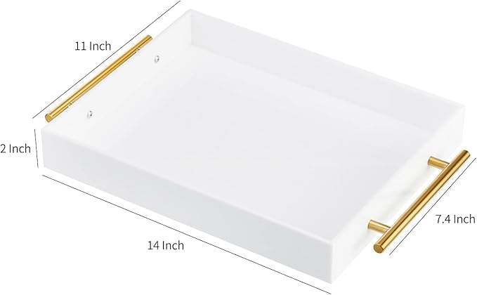 Glossy White Acrylic Lucite Serving Tray with Metal Handles,No Need to Assemble,11x14 Inch,Decorative Storage Organizer with Spill-Proof Design,Serving for Coffee,Breakfast,Dinner and More