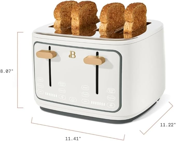 Beautiful 4-Slice Toaster by Drew Barrymore – Touch Display, Extra-Wide Slots, Bagel & Frozen Functions, Stainless Steel (White Icing)