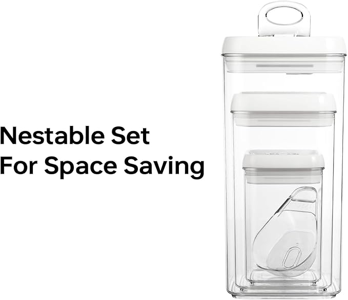 Felli Flip Tite Acrylic Food Storage Container with Lid 6” XL Air Tight Ring Seal Flip Top, Plastic Kitchen Baking Canister for 5 lb Flour Sugar Rice Protein Powder Pantry Organizer (Nest-L, White)