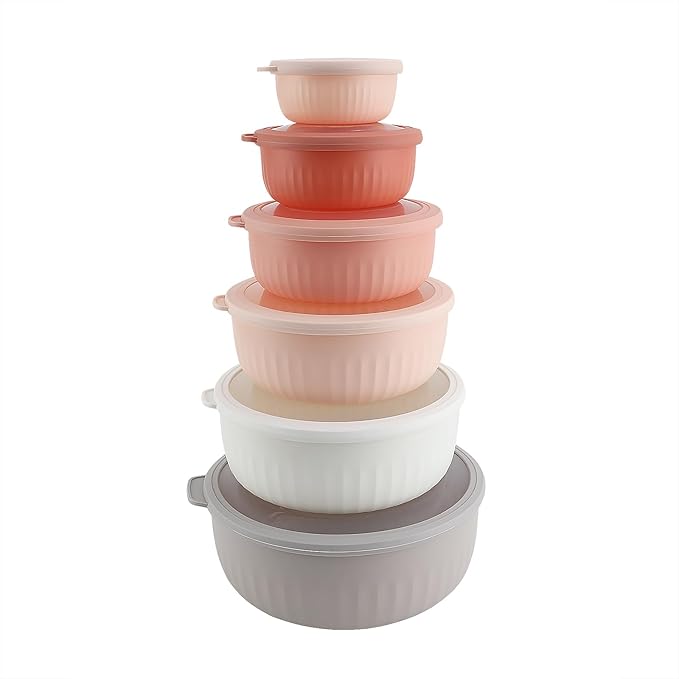 COOK WITH COLOR Prep Bowls with Lids- 12 Piece Nesting Plastic Small Mixing Bowl Set with Lids (Multi Colored), Grey/Pink