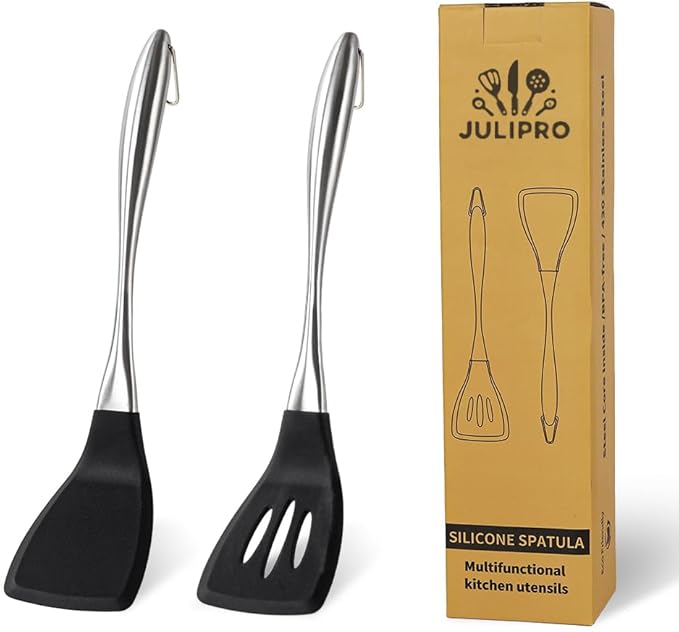 Heavy Duty Silicone Spatula Set, 2 Piece Heat Resistant BPA Free Cooking Spatulas with Stainless Steel Handle, Non Stick Silicone Turner for Pancakes, Eggs, Fish, Kitchen Cooking Utensils