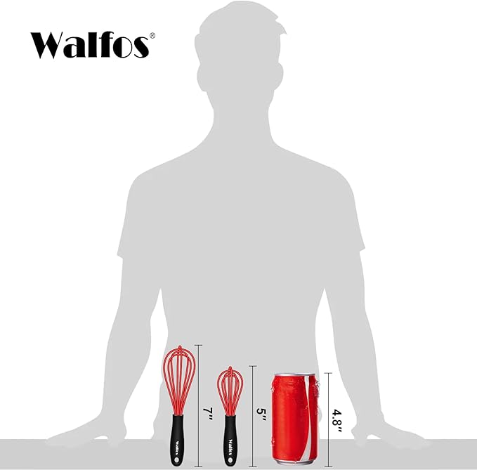 Walfos Mini Whisk Red Small whisk-Non Scatch Rubber Coated Whisks,Mini silicone whisk 5&7 inch Tiny Wisk,Nice for mixing and stirring small batches of powder and sauce in small bowl containers.2pcs