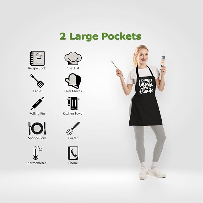 Funny Aprons for Men with 2 Pockets - I Didn't Wash My Hands, Waterproof Adjustable Bib Apron for Cooking Kitchen Grilling Grill BBQ Dishwashing, Black