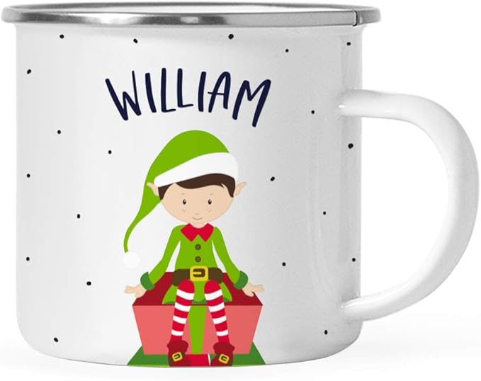 Andaz Press Personalized Name 11oz Kids Christmas Hot Chocolate Stainless Steel Campfire Coffee Mug, Green Boy Xmas Elf Seated, 1-Pack, Custom Birthday Xmas Cup
