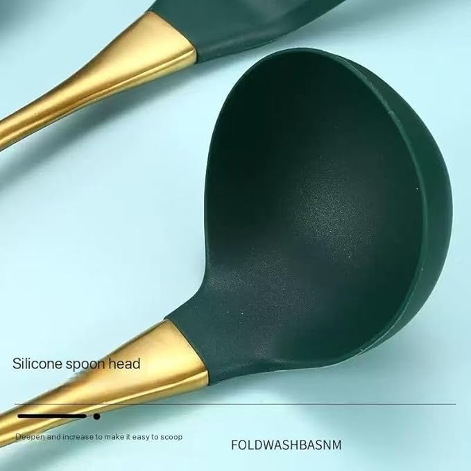 8-Piece White Kitchen Utensil Set with Gold Handles, Stainless Steel Cooking Tools, Includes Spatulas, Ladle, Spoons for Nonstick Cookware (Gold and Green)