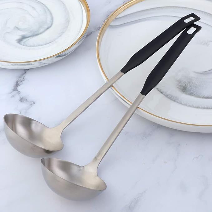 Buyer Star 2 Pcs Soup Ladle Spoons,Silver Black Cookware Serving Long Handle Steel Slotted Spoon Cooking Utensil Set for Hotpot