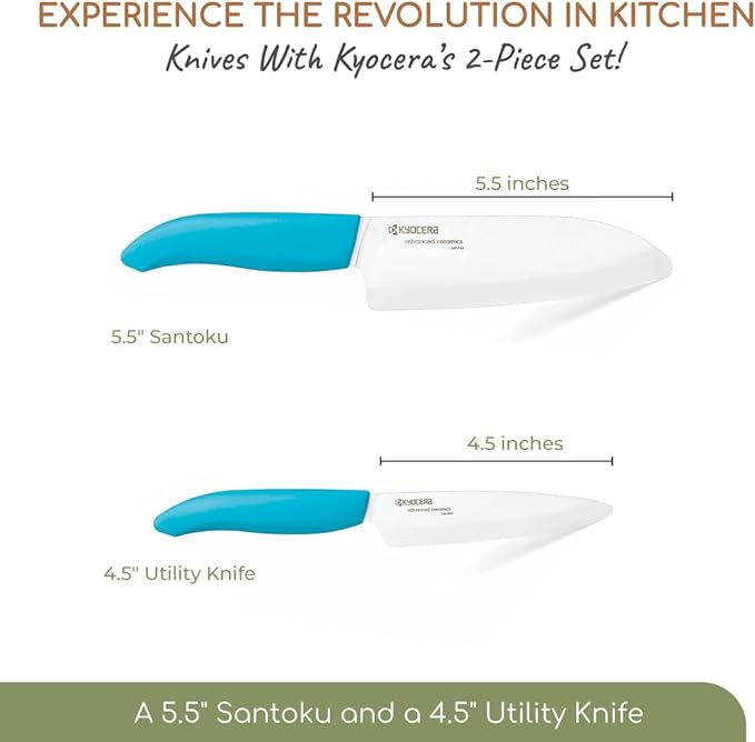 Kyocera Revolution 2-Piece Ceramic Knife Set: Chef Knife For Your Cooking Needs, 5.5" Santoku and 4.5" Utility Knife, White Blades with Blue Handles, White/Blue