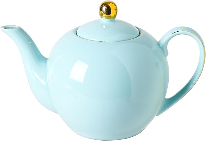 30oz Blue Porcelain Teapot, Ceramic Teapot with Gold Trim, Elegant Teapot for Loose Leaf Tea & Tea Bags, Tea Party Essential