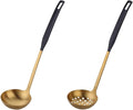 Buyer Star 2 Pcs Soup Ladle Colander, Gold Black Cookware Serving Long Handle Steel Slotted Spoon Cooking Utensil Set for Hotpot