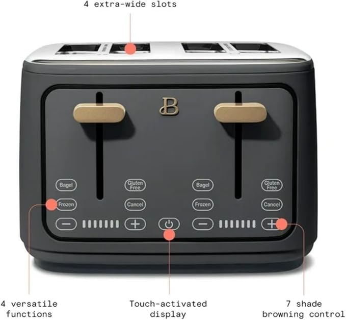 Beautiful 4 Slices Toaster - 7 Shade Settings, Touch Display, Extra-Wide Slots for Bagels, Gluten-Free & Frozen Presets, LED Countdown, Removable Crumb Tray, 1800-watt toasting (Oyster Gray)