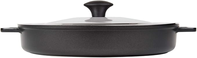 MasterPan Non-Stick Stovetop Oven Grill Pan with Heat-in Steam-Out Lid, nonstick cookware, 12", Black,