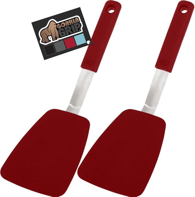 GORILLA GRIP Food Grade Flexible Silicone Spatula, 2 Pack, Heat Resistant Head for Nonstick Frying Pan, Patented Soft Rubber Handle for Comfort, Non-Scratch Kitchen Turner, Flip Eggs, 11.6 in, Red