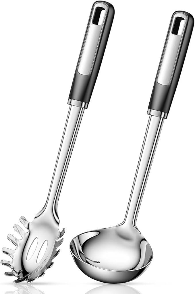 Stainless Steel Ladle and Pasta Server Set, Food-Grade Thickened Metal Soup Ladle & Spaghetti Spoon with Non-Slip Handles, Durable Cooking Utensils for Pasta, Soup & Everyday Kitchen Use