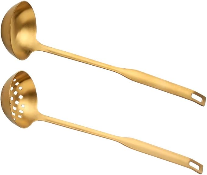 2 Pieces Gold Metal Soup Ladle Colander Set, Long Handle Stainless Steel Kitchenware Cookware Serving Spoon Cooking Utensil for Hotpot