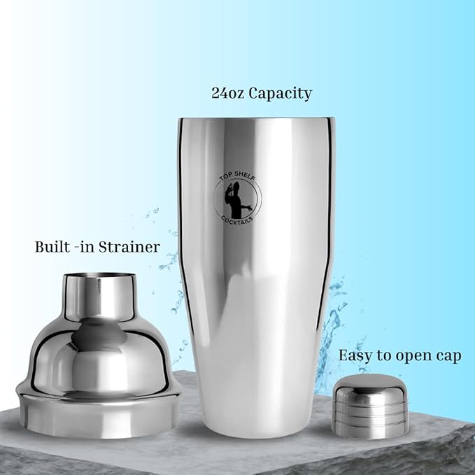 Cocktail Shaker Bar Set - 24oz Professional Martini Shaker with Built-in Strainer - Drink Mixer with Measuring Jigger and Pourer with Dust Cover