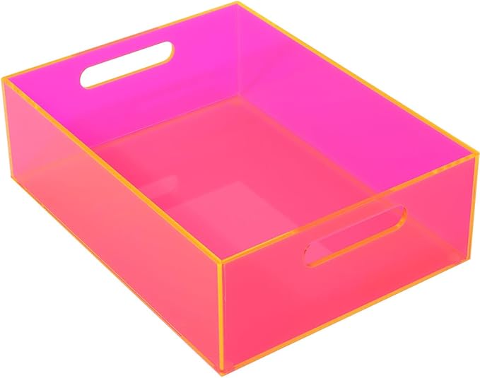 Large Storage Bin Acrylic Pantry Storage Container with Handles Kitchen Organizer Bin for Cabinet Cupboard Organization, Heavy Duty, 15.4 x 11.4 x 5.5'', Neon Pink