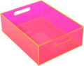 Acrylic Storage Bin Pantry Storage Container with Handles Kitchen Organizer Bin for Cabinet Cupboard Organization, Heavy Duty, 12.6 x 9.4 x 4'', Neon Pink