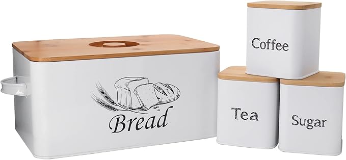 SOTECH Bread Box with 3pcs Jars Coffee Sugar Tea for Kitchen Countertop White Metal Bread Box with Bamboo Board Cover Pastry Storage Container Set Kitchen decor (White Box and Jars)