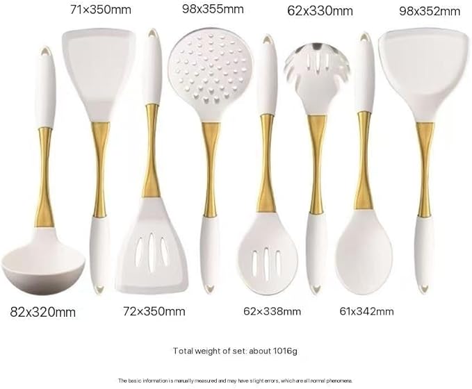 8-Piece White Kitchen Utensil Set with Gold Handles, Stainless Steel Cooking Tools, Includes Spatulas, Ladle, Spoons for Nonstick Cookware (Gold and White)