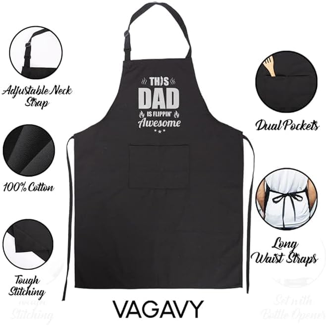 100% Cotton, Black Funny Aprons for Men, Dad, Husband - Birthday, Father’s Day Grilling Gifts for Papa, Husband.