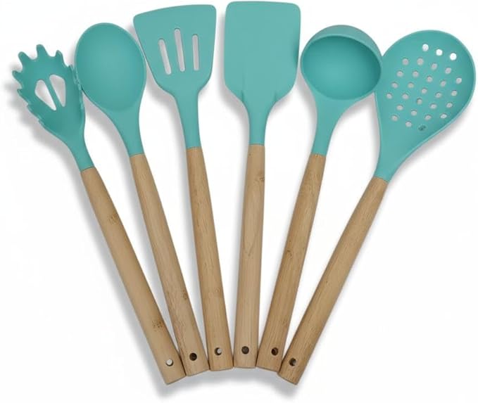 Silicone Cooking Spoons, 6-Piece Nonstick Utensil Set with Acacia Wood Handles - Heat-Resistant for Frying, Serving & Turning Spatula