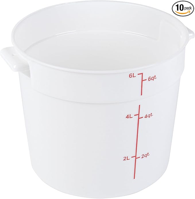 Restaurantware-Met Lux 6 Quart Food Storage Containers, 10 White Storage Containers - Lids Sold Separately, Red Volume Markers, Dishwashable Containers, Side Handles, For Storing Foods