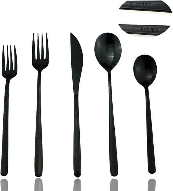 JASHII Mirror Polished Black 30-Piece SUS304 Stainless Steel Flatware Set,Silverware Set Dinner Knife Fork Spoon Dessert Fork Salad Spoon Service for 6