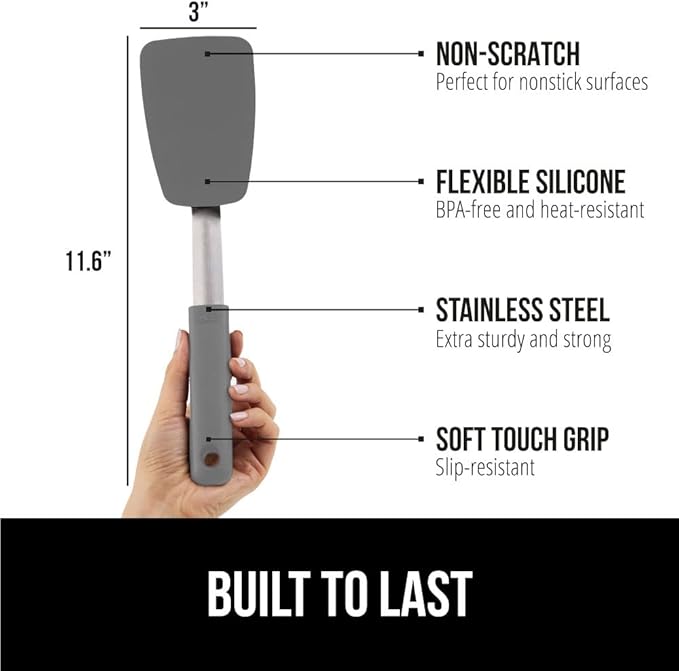 GORILLA GRIP Food Grade Flexible Silicone Spatula, 2 Pack, Heat Resistant Head for Nonstick Frying Pan, Patented Soft Rubber Handle for Comfort, Non-Scratch Kitchen Turner, Flip Eggs, 11.6 in, Gray