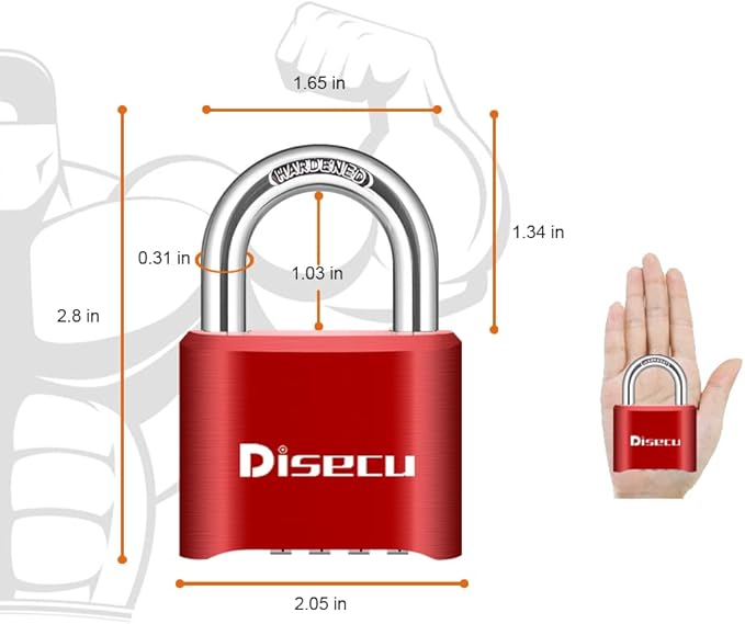 1 Pack disecu Heavy Duty 4 Digit Combination Lock, Outdoor Waterproof Padlock for School Gym Locker, Storage Unit, Shed, Fence, Gate, Toolbox (Red)