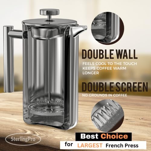 Extra Large French Press Coffee Maker 59 oz (1.75L), Large Capacity Stainless Steel Big French Press XL, Thermal Insulated Black Coffee Maker with Double Walled Insulation, Mirror