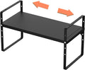 Slideep Adjustable Shelf Rack Height Cabinet Shelf 16.54'' to 27.17'', Expandable Cabinet Shelf Cupboard Stand Kitchen Bathroom Pantry Cupboard Home Office for Cups, Dishes, Plates - Black
