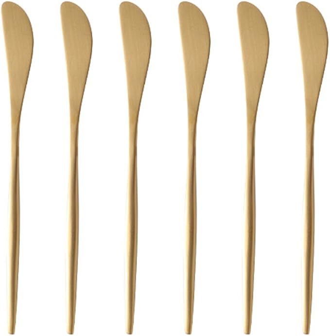 Gold 18/10 Stainles Steel Butter Knife Cheese Spreader Knives Set, Slim Cutlery for Kitchen Hotel Restaurant Wedding Party, Matte Finish, Dishwasher Safe, Pack of 6