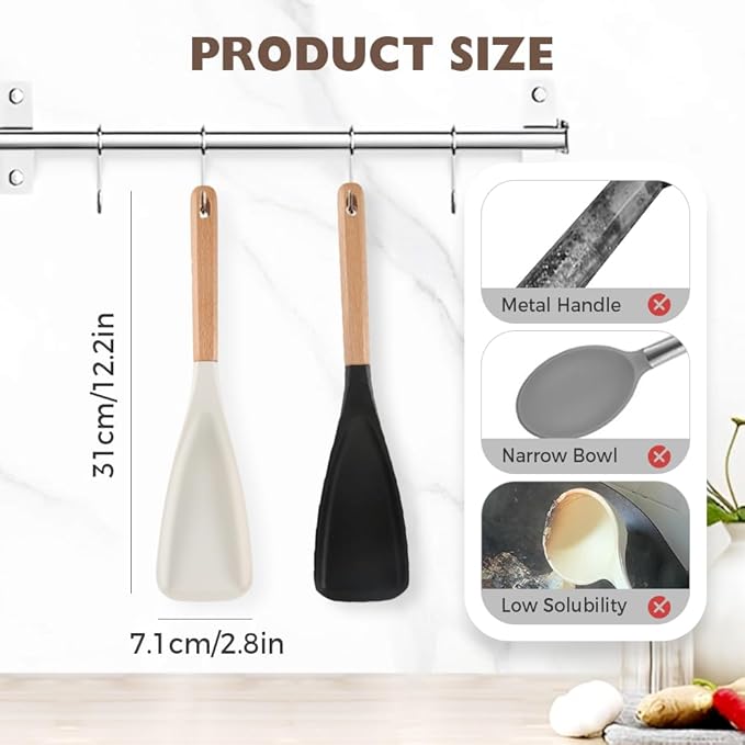 Multi-function Spatula Spoon, 2025 New Cooking Spoon for Nonstick Cookwares, Silicone Cooking Utensils for Kitchen Gadgets,Wood Handle Spoon for Mixing, Scoop, and Scrape (2PC MIX)