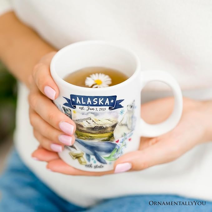 OrnamentallyYou State Travel Landmark Mugs – 12 oz Ceramic Coffee Cups, U.S. Souvenir Gift for Tourists (Artistic Alaska State Themes and Landmarks Mug)