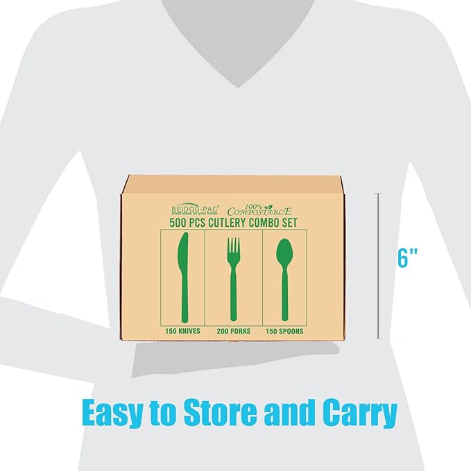 Compostable Eating Utensils, 500 Ct 7" Large Disposable Biodegradable Forks Spoons Knives Cutlery Set, Eco Friendly Heat Resistant Flatware Alternative to Plastic Silverware, BPI Certified
