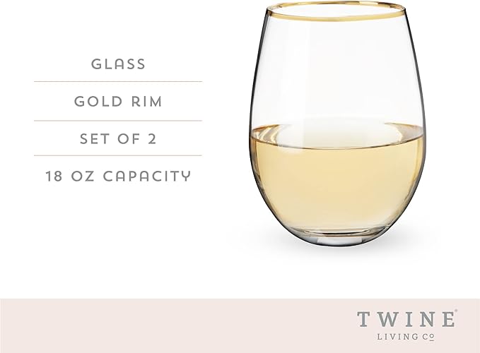 Twine Gilded Stemless Wine Glasses Set with Gold Rim, Modern Drinking Glasses for Red and White Wines, Wedding Gifts, Holiday Celebration, Elegant Glassware, Home Bar,18 oz, Set of 2